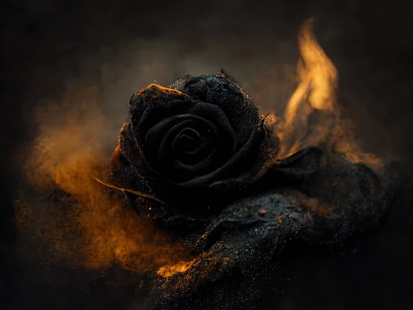 Smoldering, burning roses on fire floating on dark water, digital art