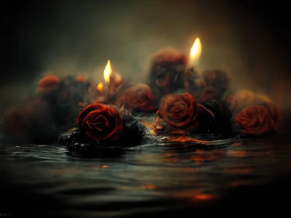 Smoldering Burning Roses Fire Floating Dark Water Digital Art — Fotografia de Stock