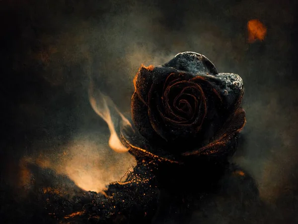 Smoldering, burning roses on fire floating on dark water, digital art