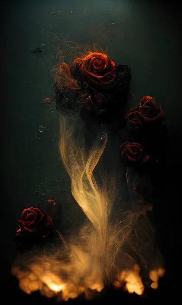 Smoldering, burning roses on fire floating on dark water, digital art