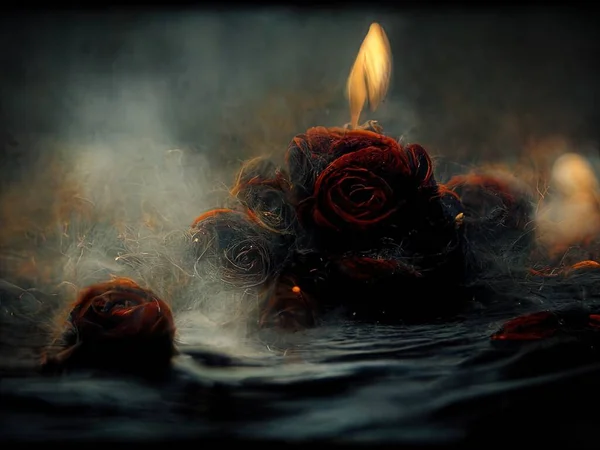 Smoldering, burning roses on fire floating on dark water, digital art