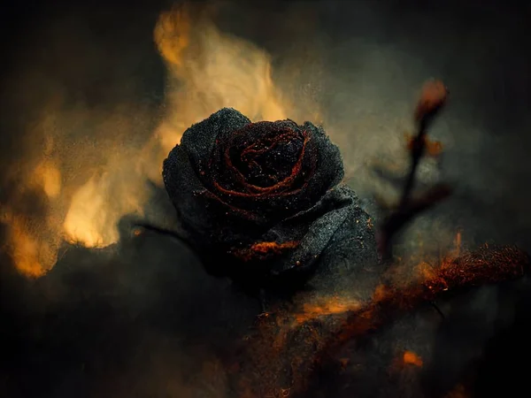 Smoldering, burning roses on fire floating on dark water, digital art