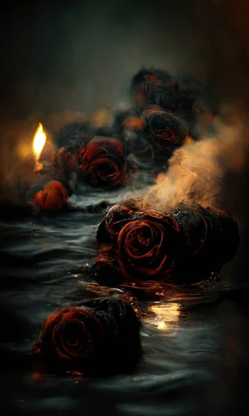 Smoldering, burning roses on fire floating on dark water, digital art