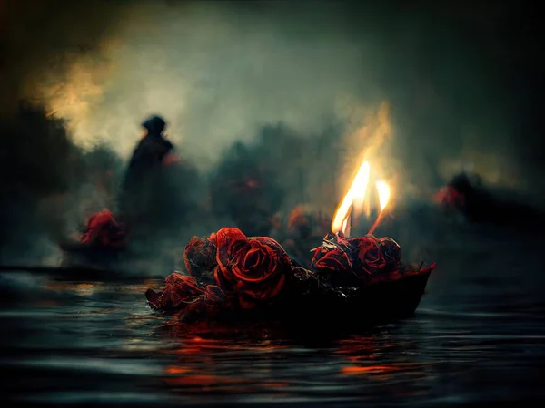 Smoldering, burning roses on fire floating on dark water, digital art