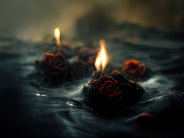 Smoldering, burning roses on fire floating on dark water, digital art