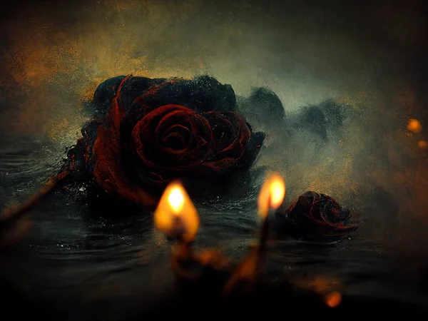 Smoldering, burning roses on fire floating on dark water, digital art