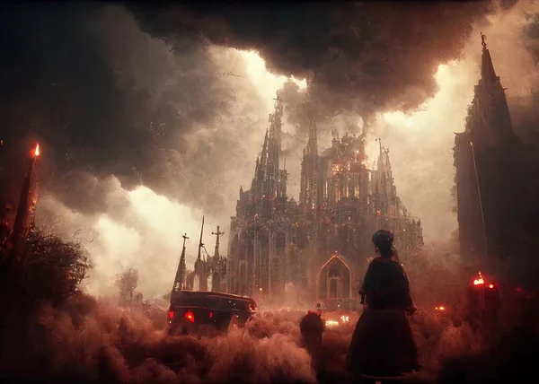 Epic Cinematic Dramatic Scene Depicting Gothic Cathedral Digital Art — Stockfoto