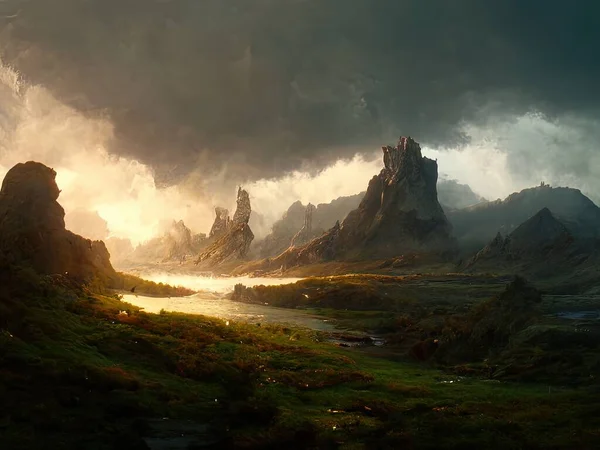 An epic, cinematic fantasy landscape, digital art