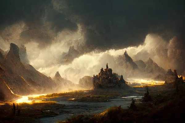 An epic, cinematic fantasy landscape, digital art