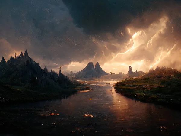 An epic, cinematic fantasy landscape, digital art