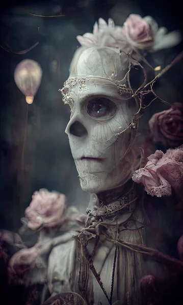 Pearlescent, semi-translucent spirit draped in sheer fabric with ornate gold accents, digital art