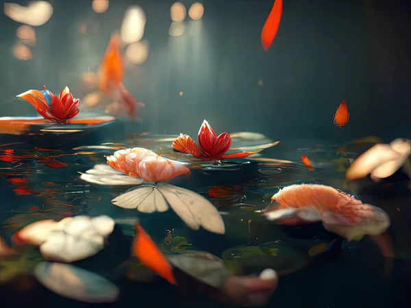 A serene, peaceful scene depicting Asian lotus flowers and lilies floating on a pool, digital art