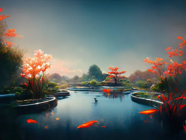 Beautiful Serene Scene Depicting Fantasy Koi Pond Digital Art — Stock Fotó