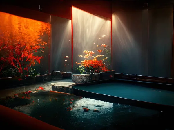 A serene, peaceful scene depicting a calm indoor Asian pool, digital art, liminal space
