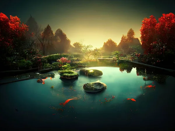 Beautiful Serene Scene Depicting Fantasy Koi Pond Digital Art — Foto Stock