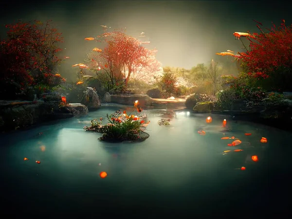 A beautiful, serene scene depicting a fantasy koi pond, digital art