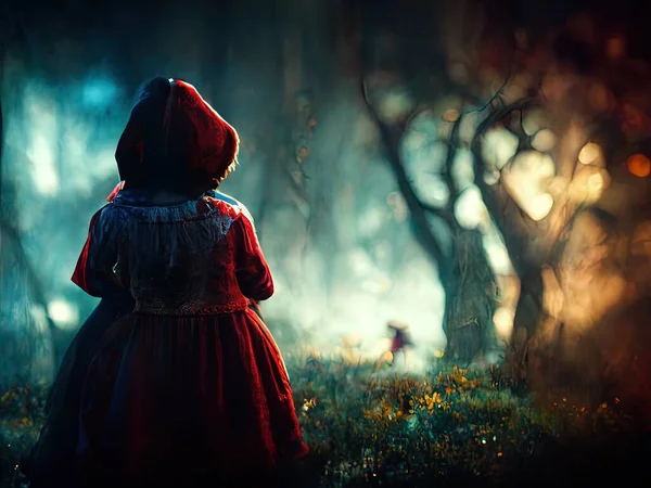 A scene depicting the Little Red Riding Hood fairy tale in a beautiful, eerie forest, digital art