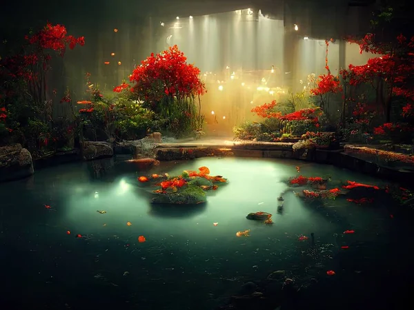 A beautiful, serene scene depicting a fantasy koi pond, digital art
