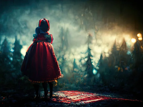 A scene depicting the Little Red Riding Hood fairy tale in a beautiful, eerie forest, digital art