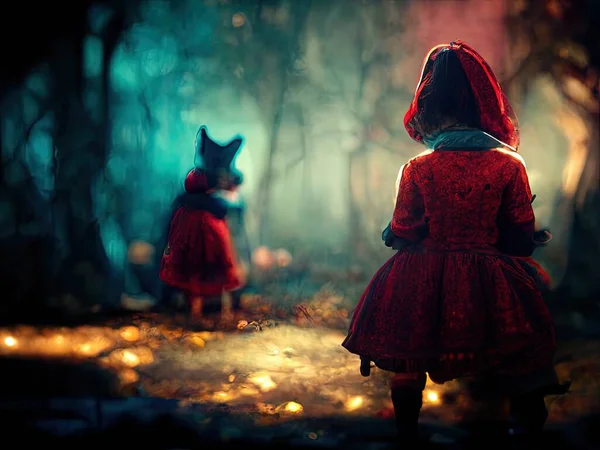 A scene depicting the Little Red Riding Hood fairy tale in a beautiful, eerie forest, digital art