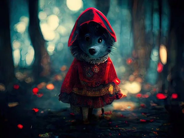 A scene depicting the Little Red Riding Hood fairy tale in a beautiful, eerie forest, digital art