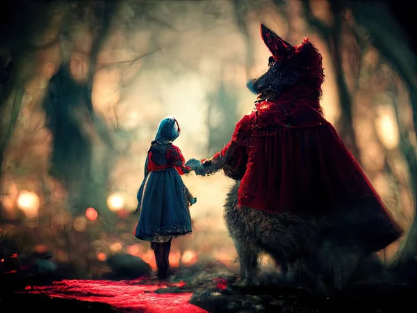 A scene depicting the Little Red Riding Hood fairy tale in a beautiful, eerie forest, digital art