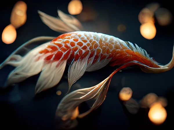 An abstract fiery orange and white koi fish in a pond, 3D render