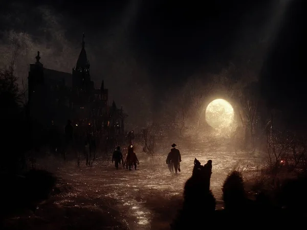 An eerie painting of a werewolf stalking villagers at night under a full moon, digital art