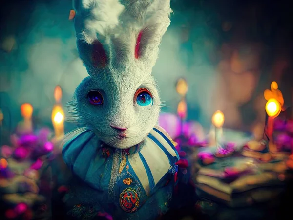 A psychedelic scene depicting the white rabbit from Alice in Wonderland, digital art