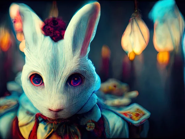 A psychedelic scene depicting the white rabbit from Alice in Wonderland, digital art