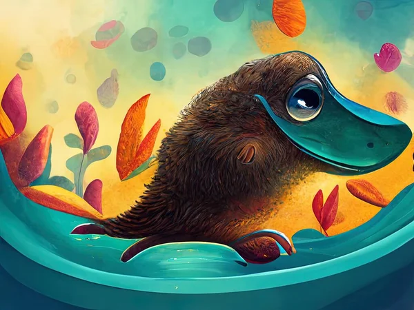 A playful, colorful, cute children's book illustration of a swimming platypus
