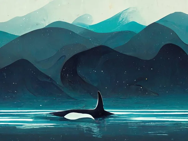 Beautiful Serene Painting Depicting Orca Swimming Ocean Digital Art — Stockfoto
