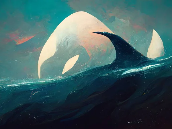 A beautiful, serene painting depicting an orca swimming in the ocean, digital art