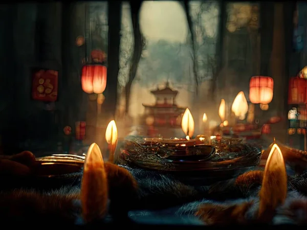 A beautiful scene depicting lanterns and candles at a shrine during the Chinese Year of the Tiger, 3D rendering