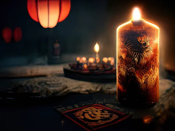 A beautiful scene depicting lanterns and candles at a shrine during the Chinese Year of the Tiger, 3D rendering
