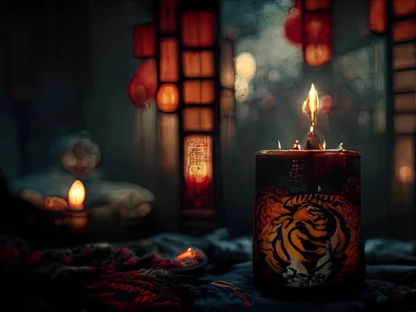 A beautiful scene depicting lanterns and candles at a shrine during the Chinese Year of the Tiger, 3D rendering