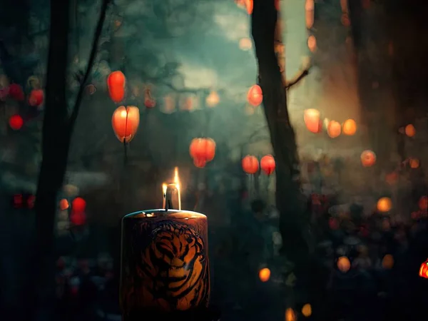 A beautiful scene depicting lanterns and candles at a shrine during the Chinese Year of the Tiger, 3D rendering