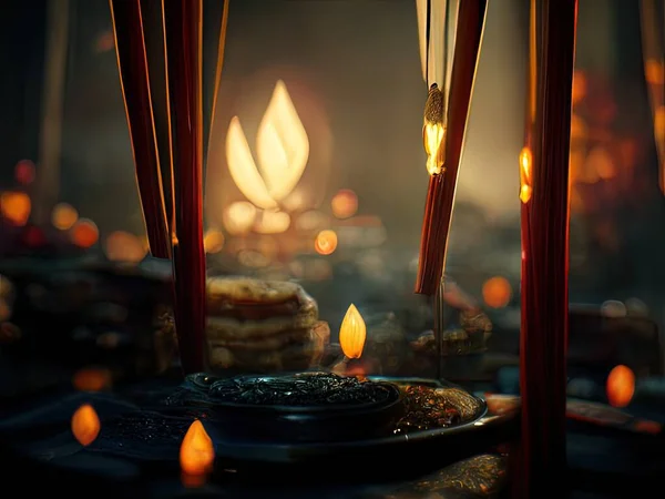 A beautiful scene depicting lanterns and candles at a shrine during the Chinese Year of the Tiger, 3D rendering