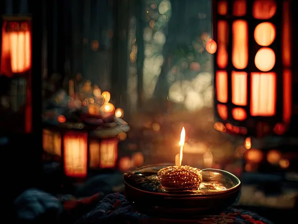 A beautiful scene depicting lanterns and candles at a shrine during the Chinese Year of the Tiger, 3D rendering