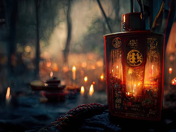 A beautiful scene depicting lanterns and candles at a shrine during the Chinese Year of the Tiger, 3D rendering