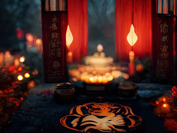 A beautiful scene depicting lanterns and candles at a shrine during the Chinese Year of the Tiger, 3D rendering