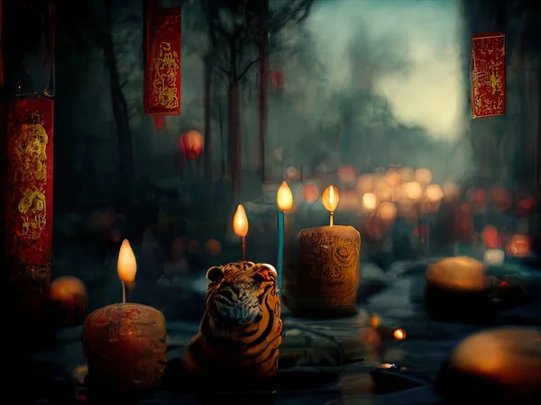 A beautiful scene depicting lanterns and candles at a shrine during the Chinese Year of the Tiger, 3D rendering