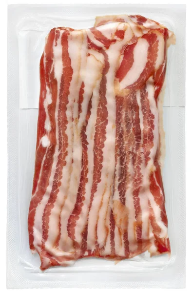 Rashers Bacon Pancetta Emballés Sous Vide Isolés Sur Fond Blanc Photo De Stock