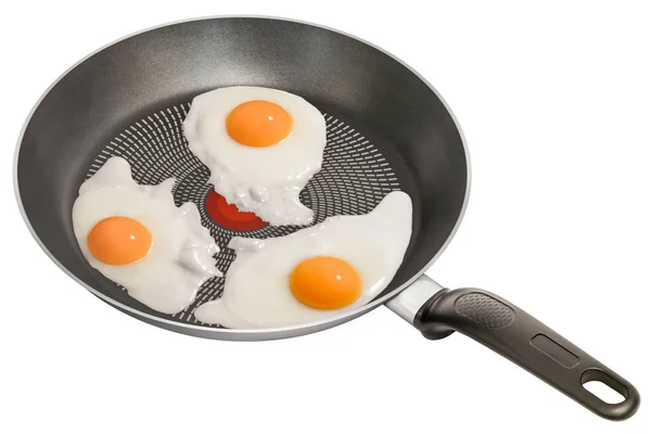 Taze Kızarmış Sunny Side Yumurtaları Yapışmayan Kızartma Tavası Beyaz Arkaplanda — Stok fotoğraf
