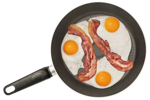 Fried Sunny Side Eggs Crispy Bacon Rashers Non Stick Frying — Stock Photo, Image