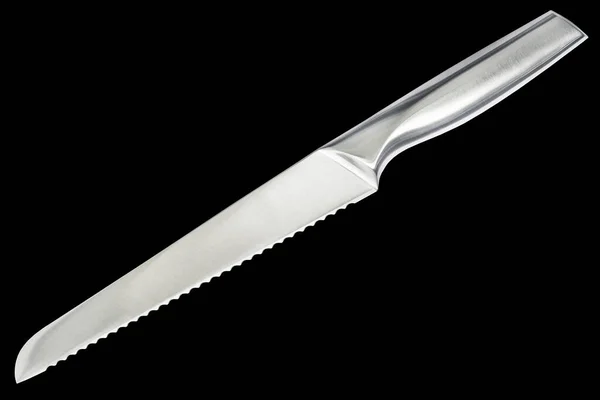 Studio Shot Stainless Steel Serrated Blade Bread Knife Isolated Black — Foto de Stock