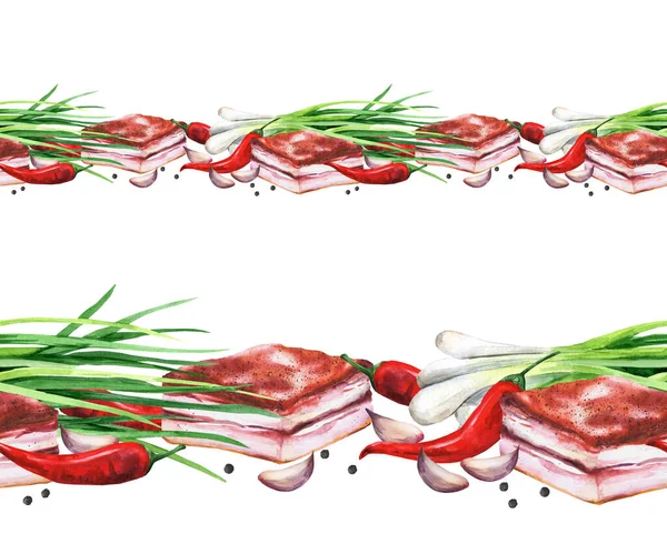 Schweinebauch Rote Paprika Knoblauch Und Grüne Zwiebeln Aquarellrand — Stockfoto
