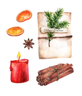 Halı, köknar dalı, mum ve portakal dilimli Noel seti. Beyaz arkaplandaki suluboya resim izole edildi