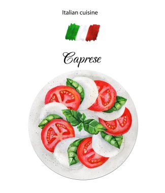 Domatesli İtalyan Caprese salatası, mozzarella ve fesleğen yaprakları. Beyaz arkaplanda suluboya resimleri..