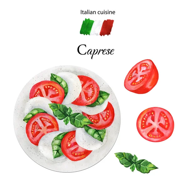 Insalata Caprese Italiana Con Pomodori Mozzarella Foglie Basilico Illustrazione Acquerello — Foto Stock